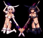  :d animal_ears bare_shoulders black_bra black_hair black_legwear black_panties blush boots bra breasts bunny_ears bunny_tail choker cleavage contrast elbow_gloves fur_trim gloves hair_ornament hairpin highleg highleg_panties kneeling konshin lace lace_bra lace_panties lingerie medium_breasts multiple_girls open_mouth original panties polearm red_eyes shiny shiny_skin short_hair simple_background smile symmetry tail thigh_boots thighhighs underwear underwear_only weapon white_bra white_hair white_legwear white_panties 