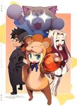  3girls :3 =_= animal_costume artoria_pendragon_(all) black_hair boots chibi emiya_kiritsugu fate/tiger_colosseum fate/zero fate_(series) glowing glowing_eyes high_heels irisviel_von_einzbern ishida_akira lion_costume long_coat multiple_girls nekoarc pantyhose saber saber_lion scan shoes thigh_boots thighhighs white_hair 