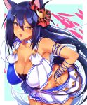  1girl animal_ears bangs breasts cleavage collarbone cowboy_shot dark_blue_hair eyebrows_visible_through_hair fang hair_between_eyes hair_ornament hand_on_hip hishi_amazon_(umamusume) horse_ears horse_girl horse_tail large_breasts long_hair microskirt nnmi11 orange_eyes orange_pupils pleated_skirt skin_fang skirt solo tail umamusume very_long_hair 