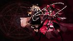  alternate_costume banpai_akira blonde_hair braid broom brown_hair cape chain gohei hakurei_reimu hat highres kirisame_marisa koumajou_densetsu koumajou_densetsu_1 long_hair magic_circle multiple_girls red_eyes short_hair touhou wallpaper yellow_eyes 