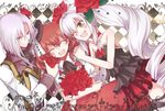  2girls argyle argyle_background ascot asymmetrical_hair choker closed_eyes coat dress dutch_angle eeta flower frills gathers hair_flower hair_ornament happy hat henrietta_grimm ibara_hime ibara_ouji long_hair multiple_girls one_eye_closed red_flower red_rose rose side_ponytail white_hair yellow_eyes zettai_meikyuu_grimm 