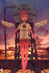  angel_wings bag cloud hair_ornament hairclip highres inukoko open_mouth original outstretched_arms pink_eyes pink_hair pipes rooftop school_uniform short_hair skirt sky solo standing sunset wings 
