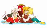  alice_margatroid all_fours animal_ears apron ascot barefoot blonde_hair bow braid brown_hair capelet cat_ears cat_tail cheek_licking closed_eyes dog_ears dog_tail face_licking green_eyes hair_bow hakurei_reimu hat hong_meiling izayoi_sakuya kemonomimi_mode kirisame_marisa licking multiple_girls noses_touching one_eye_closed red_hair shirt silver_hair sitting skirt smile tail tongue tongue_out touhou yellow_eyes yuuta_(monochrome) 