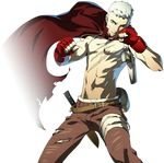  1boy atlus bandaid beard cape facial_hair fighting_stance fingerless_gloves gloves knife male male_focus official_art persona persona_3 persona_4:_the_ultimate_in_mayonaka_arena sanada_akihiko scar shigenori_soejima short_hair soejima_shigenori solo stubble topless white_hair 