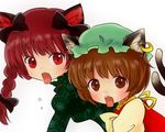  animal_ears braid brown_eyes brown_hair cat_ears cat_tail chen earrings fangs hat jaw_drop jewelry kaenbyou_rin multiple_girls multiple_tails open_mouth red_eyes red_hair ribbon surprised tail tona_(nekotte) touhou twin_braids 