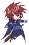  1boy brown_eyes brown_hair chibi fingerless_gloves full_body gloves hair_over_one_eye kratos_aurion lowres male male_focus short_hair solo sword tales_of_(series) tales_of_symphonia weapon white_background 