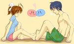  1girl barefoot blue_hair breath brown_eyes brown_hair clannad dango_daikazoku feet foot_wrestling furukawa_nagisa ginytah husband_and_wife okazaki_tomoya ponytail short_hair 