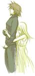  anna_irving blonde_hair brown_hair couple dress eyes_closed hand_holding hug kratos_aurion short_hair simple_background tales_of_(series) tales_of_symphonia translation_request 