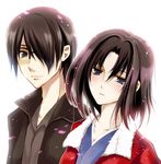  1girl black_hair couple glasses hetero jacket janne1230 japanese_clothes kara_no_kyoukai kimono kokutou_mikiya red_jacket ryougi_shiki short_hair 