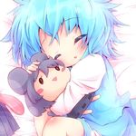  animal_ears ayakashi_(monkeypanch) blue_hair character_doll grey_hair hug karakasa_obake mouse_ears nazrin short_hair sleeping solo tatara_kogasa tongue touhou umbrella 