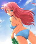 ass bare_shoulders bikini blue_eyes from_behind from_below grin lens_flare long_hair looking_at_viewer looking_back megurine_luka pink_hair regdic smile solo swimsuit vocaloid 