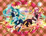  aqua_eyes aqua_hair bad_id bad_pixiv_id blush boots detached_sleeves hatsune_miku headphones long_hair megurine_luka multiple_girls musical_note necktie pink_hair sanada_nako skirt thigh_boots thighhighs twintails very_long_hair vocaloid 