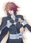  belt brown_eyes brown_hair fingerless_gloves gloves gradient gradient_background kratos_aurion male male_focus short_hair simple_background solo sword tales_of_(series) tales_of_symphonia weapon white_background 