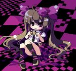  brown_hair cellphone checkered checkered_skirt chibi himekaidou_hatate kasane lying on_back parody phone ribbon sitting skirt solo touhou twintails vocaloid world_is_mine_(vocaloid) 