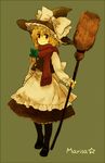  apron black_legwear blonde_hair bow braid broom brown_eyes buttons character_name dress full_body hair_ribbon hat hat_bow kirisame_marisa looking_at_viewer mary_janes meeko perfect_cherry_blossom red_scarf ribbon scarf shoes simple_background smile solo standing touhou witch witch_hat 