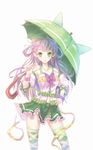  &gt;_&lt; :3 animal_themed_umbrella bad_id bad_pixiv_id bare_shoulders belly_peek breasts bun_cover closed_mouth contrapposto copyright_request cowboy_shot cross-laced_legwear detached_sleeves double_bun frilled_skirt frills green_eyes green_legwear green_skirt green_umbrella hair_rings halterneck hand_on_hip holding holding_umbrella long_hair looking_at_viewer medium_breasts navel purple_hair ryuuzaki_ichi simple_background skirt smile solo standing star star_print thighhighs umbrella white_background wrist_cuffs zettai_ryouiki 