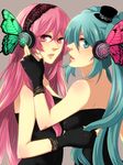 aqua_eyes aqua_hair bad_id bad_pixiv_id butterfly_hair_ornament butterfly_wings dress fingerless_gloves gloves hair_ornament hat hatsune_miku headphones hinase_kei lips long_hair magnet_(vocaloid) megurine_luka mini_hat mini_top_hat multiple_girls pink_eyes pink_hair top_hat twintails very_long_hair vocaloid wings yuri 