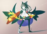  asymmetrical_clothes black_hair bow eyes fire hair_bow kazeharu mismatched_footwear red_eyes reiuji_utsuho ribbon short_hair solo thighhighs touhou wings 