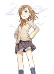  biribiri brown_eyes brown_hair electricity haimura_kiyotaka misaka_mikoto ribbon school_uniform short_hair shorts skirt socks solo to_aru_kagaku_no_railgun to_aru_majutsu_no_index 