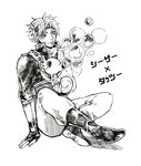  bad_id bad_pixiv_id battle_tendency boots bubble bubble_blowing caesar_anthonio_zeppeli crossover fingerless_gloves gen_1_pokemon gloves greyscale headband horsea iu jojo_no_kimyou_na_bouken male_focus monochrome pokemon pokemon_(creature) sitting solo 