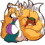  animal_ears blonde_hair brown_hair cat_ears chen chibi fox_tail hands_in_opposite_sleeves large_tail looking_back lowres meeko multiple_girls multiple_tails no_nose short_hair sketch sleeping smile tail tail_hug touhou yakumo_ran 