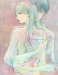  1girl couple fullmetal_alchemist hetero holding looking_back riza_hawkeye roy_mustang shirt tattoo topless 