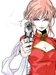  aiming_at_viewer artist_request blue_eyes breasts china_dress chinese_clothes cleavage double_bun dress gintama grin gun holding holding_gun holding_weapon kagura_(gintama) lowres medium_breasts older red_hair scarf smile solo weapon 