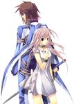  anna_irving brown_hair collar couple kratos_aurion long_hair pink_hair short_hair simple_background sword tales_of_(series) tales_of_symphonia weapon 