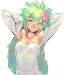  armpits arms_behind_head arms_up bare_shoulders blush collarbone face flower gen_4_pokemon green_hair hair_flower hair_ornament lips long_hair messy_hair personification pokemon s.o_chin shaymin sketch smile solo stretch upper_body very_long_hair 