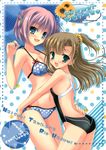  absurdres artist_name bikini blue_eyes blush breasts brown_hair circle_name cleavage collaboration competition_swimsuit green_eyes hair_ornament hair_scrunchie hazumi_rio highres hug long_hair looking_back medium_breasts multiple_girls one-piece_swimsuit original pink_hair polka_dot polka_dot_background polka_dot_bikini polka_dot_swimsuit scrunchie short_hair side_ponytail small_breasts smile swimsuit tanihara_natsuki 