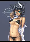  animal_ears bad_id bad_pixiv_id bikini black_bikini black_hair blue_eyes breasts cat_ears cowboy_shot dress_shirt grey_background groin large_breasts letterboxed looking_at_viewer navel off_shoulder one-piece_tan original parted_lips shirt simple_background solo standing swimsuit t-track tan tanline underboob watermark web_address wet 
