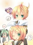  1boy 2girls ? bad_id bad_pixiv_id blonde_hair blush bow chibi green_eyes hair_bow hair_ornament hairpin hatsune_miku horon kagamine_len kagamine_rin megurine_luka multiple_girls musical_note o_o saliva short_hair siblings takoluka twins twintails vocaloid 