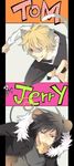  animal_ears blonde_hair cat_ears cat_tail cheese crossover durarara!! food glasses heiwajima_shizuo jacket male_focus mouse_ears mouse_tail multiple_boys nechi774 orihara_izaya tail tom_and_jerry 