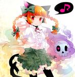  :3 alternate_costume animal_ears bow braid cat_ears cat_tail extra_ears hair_bow heart highres kaenbyou_rin moonyan multiple_tails musical_note pantyhose pointy_ears red_hair skull solo tail touhou twin_braids 