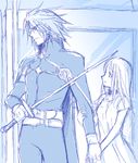  anna_irving couple dress fingerless_gloves gloves hand_holding kratos_aurion long_hair lowres monochrome short_hair sketch sword tales_of_(series) tales_of_symphonia weapon 