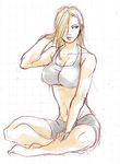  artist_request barefoot blonde_hair blue_eyes breasts cleavage crossed_legs fullmetal_alchemist hair_over_one_eye large_breasts lips lowres muscle navel olivier_mira_armstrong shorts sitting sketch solo sports_bra 