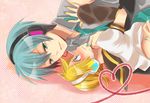  aqua_eyes aqua_hair bad_id bad_pixiv_id blonde_hair blush detached_sleeves genderswap genderswap_(ftm) hatsune_mikuo headphones headset heart kagamine_len male_focus multiple_boys nail_polish necktie sailor_collar smile vocaloid yaoi yokutaso 