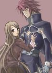  anna_irving brown_eyes brown_hair couple dress kratos_aurion long_hair red_hair redhead short_hair simple_background sword tales_of_(series) tales_of_symphonia weapon 