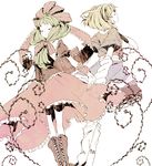  abara_heiki arm_warmers blonde_hair boots closed_eyes corset dress frills front_ponytail green_hair hair_ribbon kagiyama_hina long_hair mizuhashi_parsee multiple_girls profile ribbon scarf short_hair short_sleeves simple_background socks touhou 