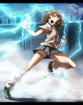  biribiri brown_eyes brown_hair electricity misaka_mikoto nekomamire school_uniform shorts skirt solo sweater_vest to_aru_kagaku_no_railgun to_aru_majutsu_no_index 