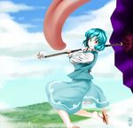  :p aqua_hair heterochromia highres karakasa_obake purple_umbrella solo tatara_kogasa tongue tongue_out touhou umbrella usuishiki 