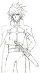  1boy fingerless_gloves gloves kratos_aurion male male_focus monochrome short_hair simple_background sketch solo sword tales_of_(series) tales_of_symphonia weapon 
