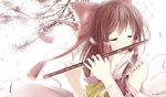  bloom bow brown_hair caidychen closed_eyes detached_sleeves flower flute hair_bow hakurei_reimu highres instrument peaceful petals solo touhou upper_body wind 