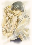  1girl artist_request black_hair blonde_hair breasts cleavage couple fullmetal_alchemist hetero hug hug_from_behind medium_breasts riza_hawkeye roy_mustang shirt 