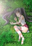  barokkusu black_hair closed_eyes dappled_sunlight grass kooh lens_flare long_hair pangya panties pantyshot sleeping solo striped striped_legwear sunlight thighhighs twintails underwear very_long_hair 