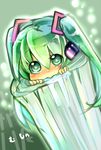  :&gt; alls aqua_eyes aqua_hair bad_id bad_pixiv_id blush chibi food hatsune_miku headphones in_food long_hair minigirl saliva solo spring_onion twintails vocaloid 