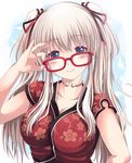  alternate_color bespectacled blue_eyes blush breasts china_dress chinese_clothes cleavage dress glasses hair_ribbon large_breasts long_hair mabinogi nao_(mabinogi) ribbon silver_hair sisco smile twintails 