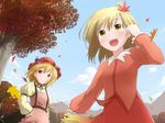  aki_minoriko aki_shizuha autumn day hair_ornament happy leaf leaf_hair_ornament multiple_girls natsu_no_koucha sky smile touhou 