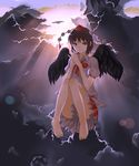  absurdres backlighting bad_id bad_pixiv_id barefoot black_hair cloud feet floating hands hands_clasped hat highres irohara_mitabi looking_at_viewer orange_eyes own_hands_together shameimaru_aya short_hair sky smile smirk solo tokin_hat touhou wings 