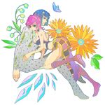  1girl bare_shoulders blue_eyes blue_hair boots breasts bruno_buccellati bug butterfly choker cleavage couple flower green_eyes green_lipstick hair_ornament hairclip hetero hunazusi insect jojo_no_kimyou_na_bouken lipstick makeup medium_breasts messy_hair pink_hair plant skirt trish_una vento_aureo zipper 